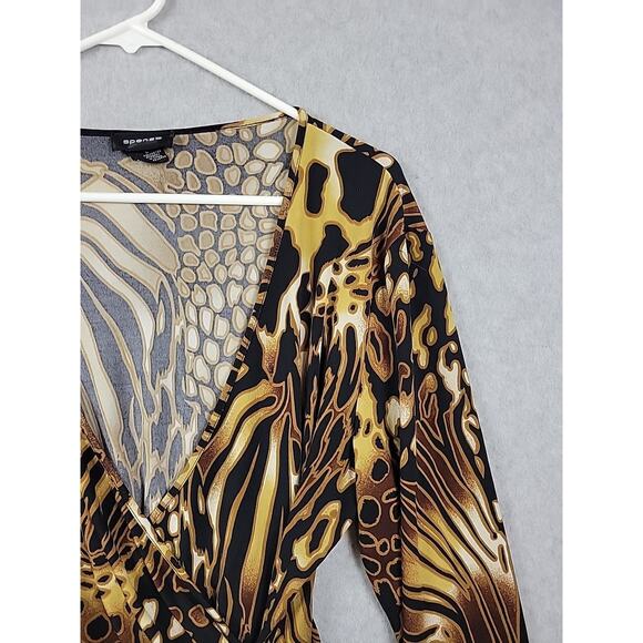 Spense Brown Animal Print LS Faux Wrap V Neck Blouse Women's Large Stretch - Picture 4 of 11